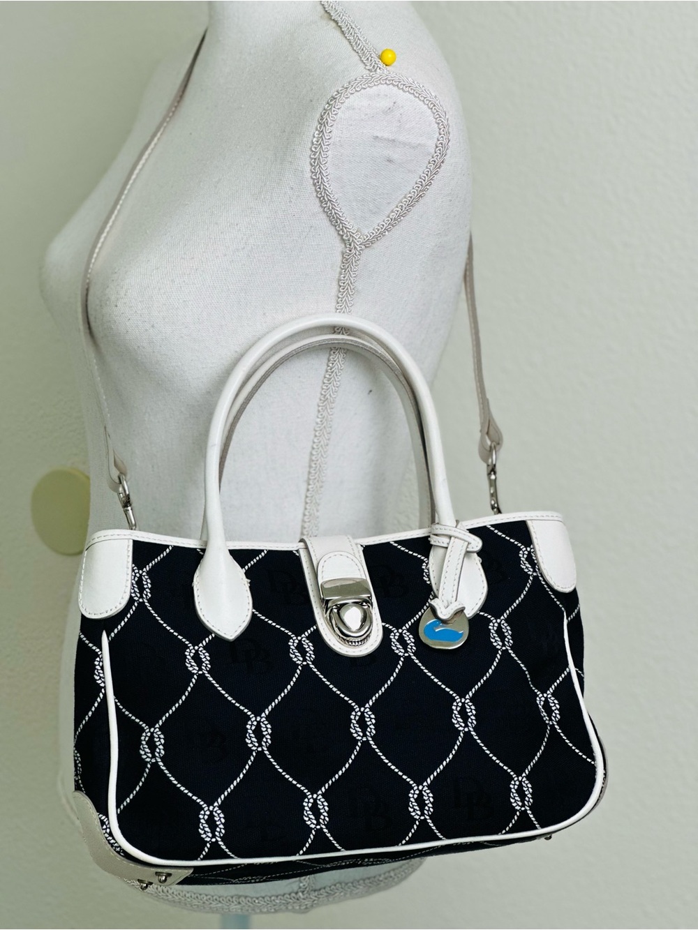 Dooney & Bourke Black and White Satchel Canvas Bag With Leather Trim